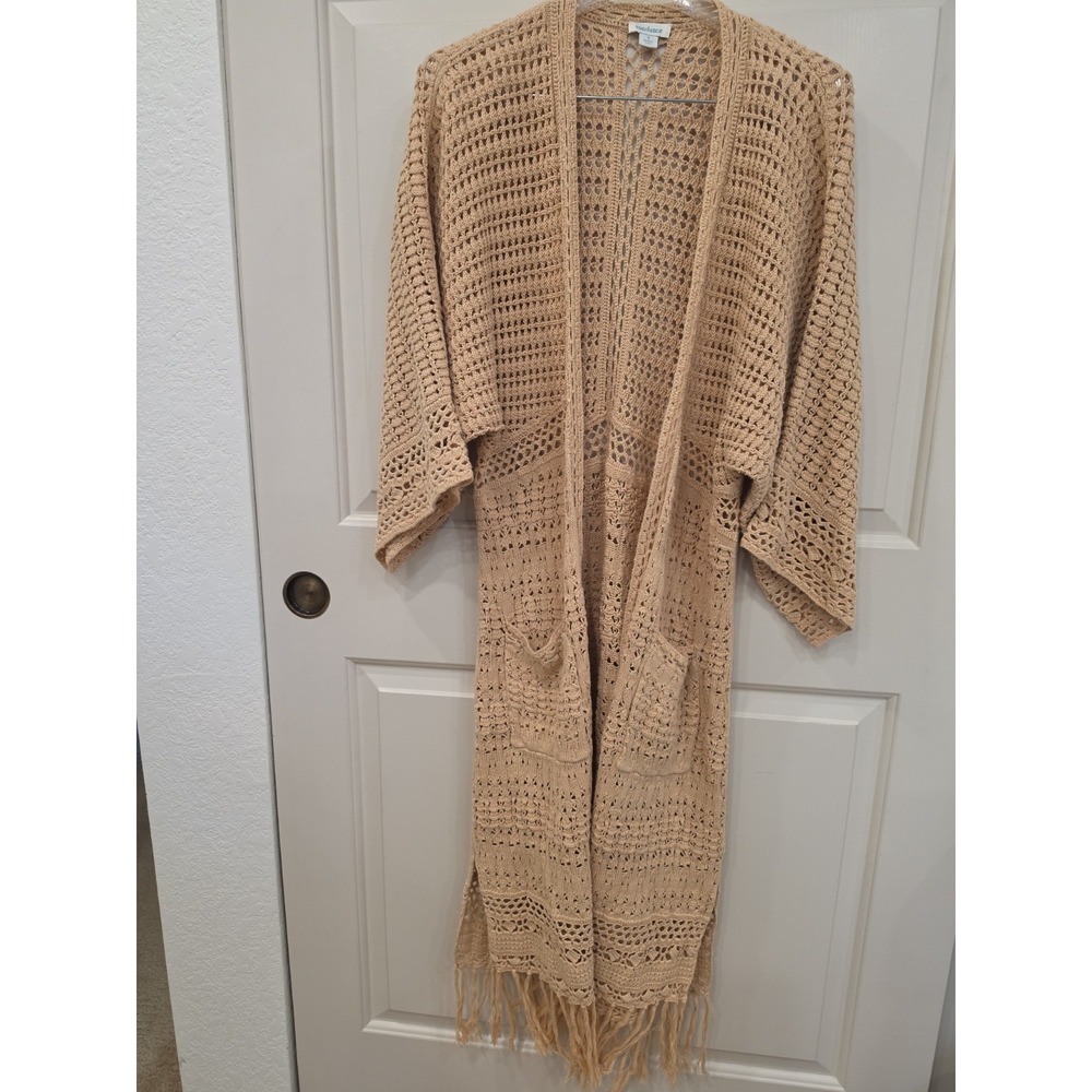 Sundance Sz S Beige Tan Crochet Tassels  "Island Sands Duster" Cardigan Fringe